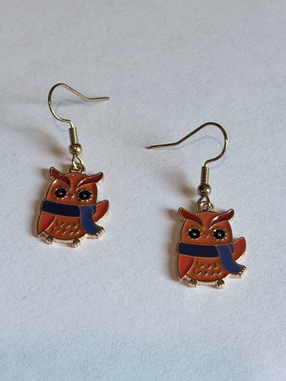 Gold-Tone Owl Drop Earrings in Orange with Navy Scarf